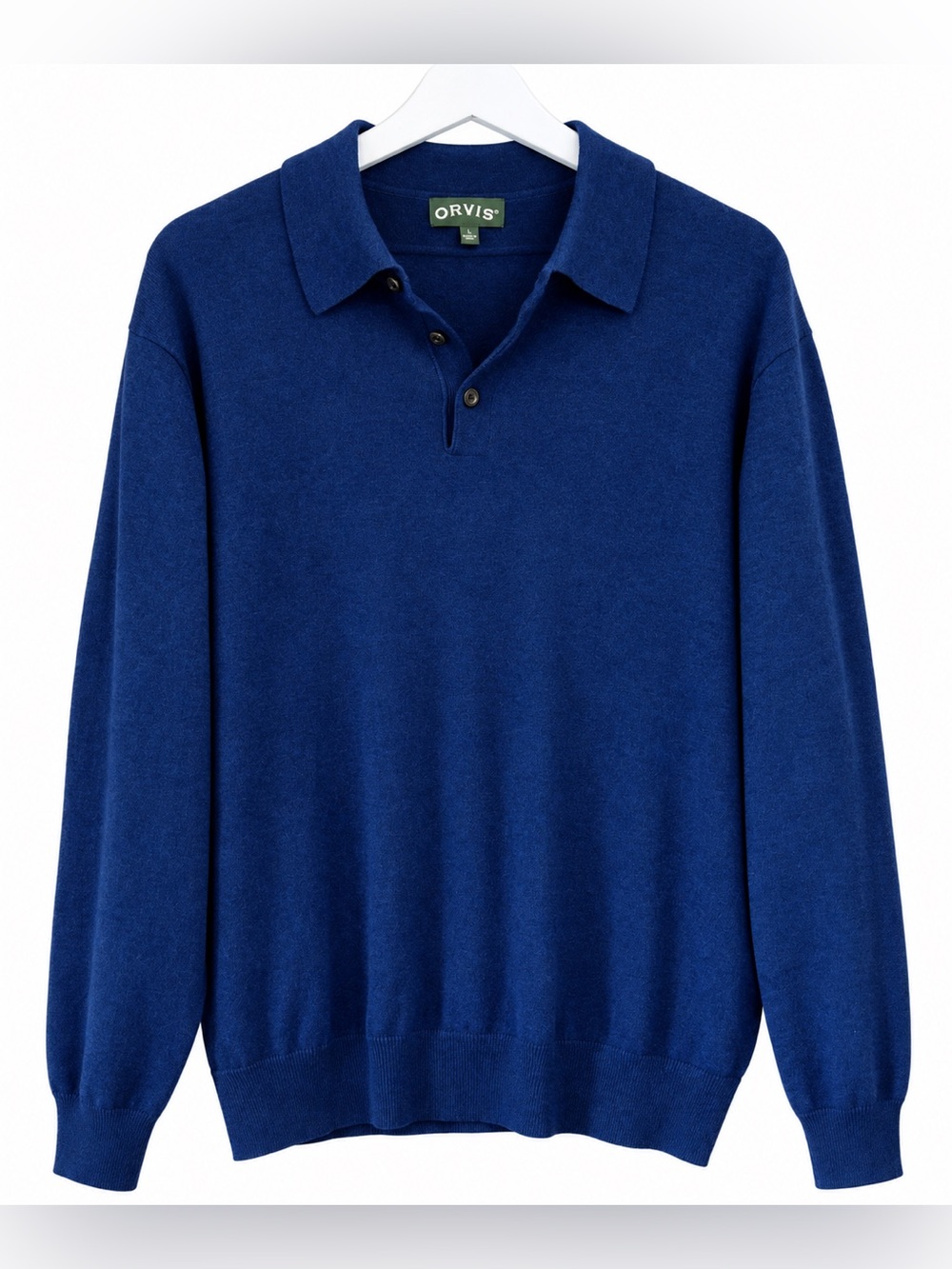 Orvis Men's Long Sleeve Polo Sweater Cashmere Silk Royal Blue L Quiet Luxury